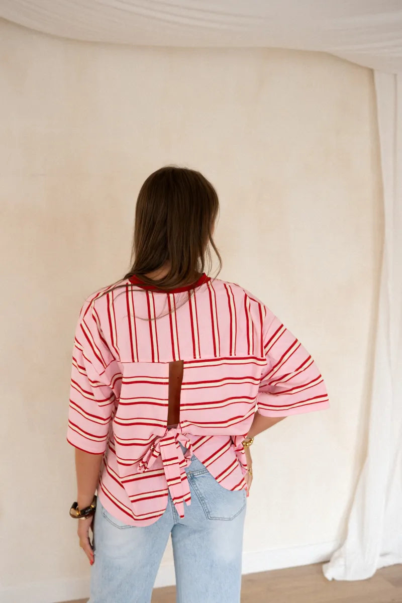 Open Back Stripe Shirt Pink-