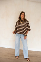  Open Back Stripe Shirt Brown~