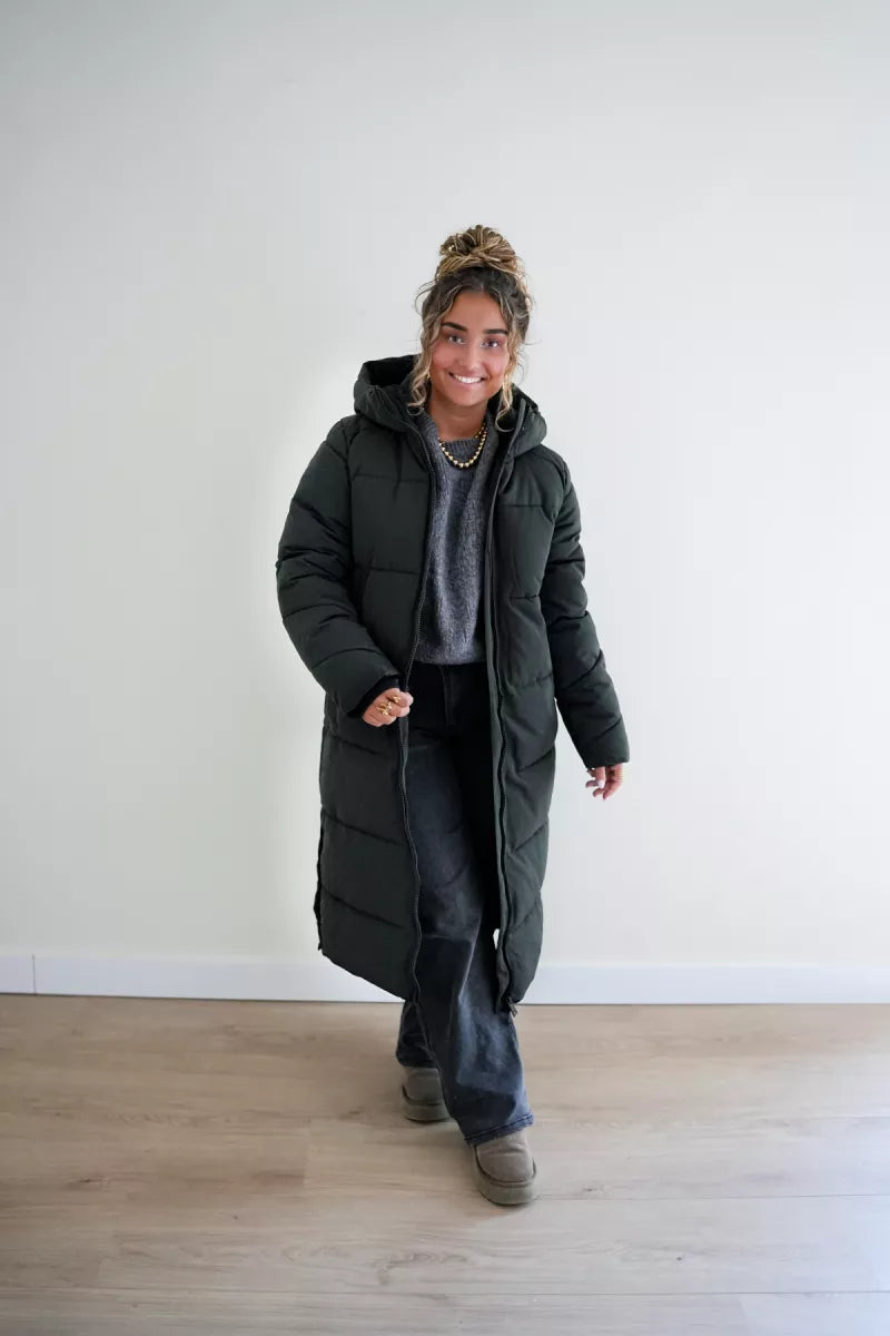  Long Puffer Coat Dark Green