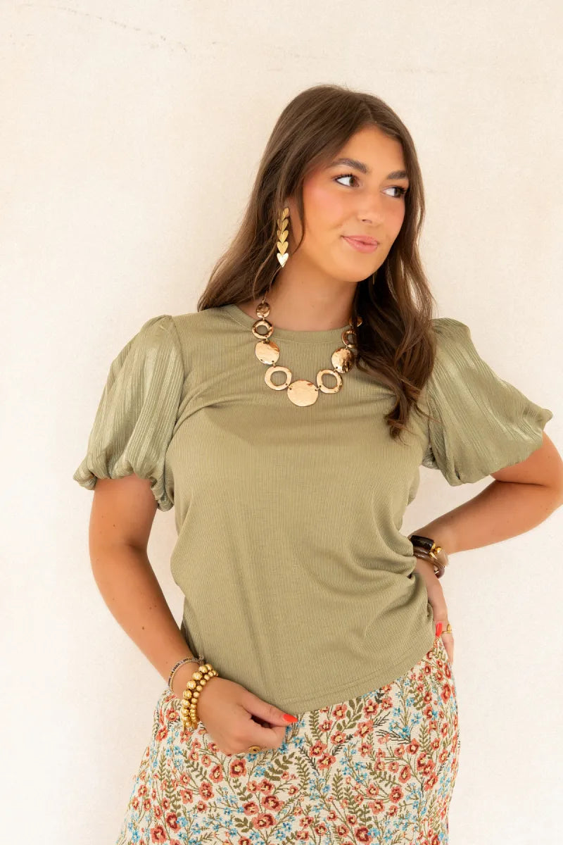  Lofty Manner Top Haya Constrast Puff Sleeve Kaki