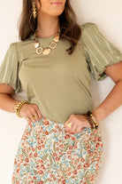  Lofty Manner Top Haya Constrast Puff Sleeve Kaki