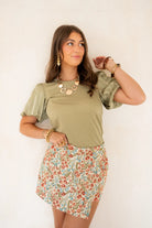  Lofty Manner Top Haya Constrast Puff Sleeve Kaki
